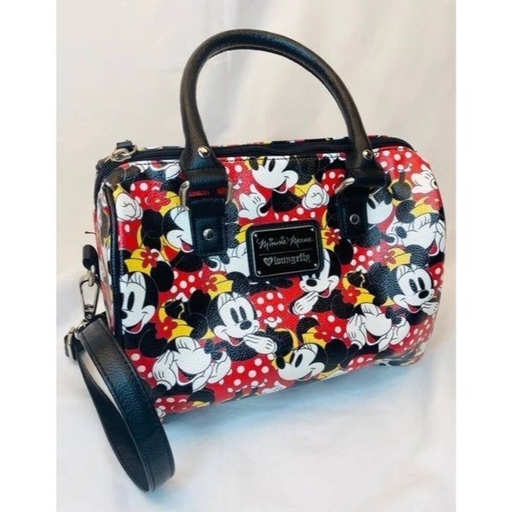 RARE Loungefly Disney Red Minnie Mouse AOP Duffle Bag Crossbody Purse HEART LOGO